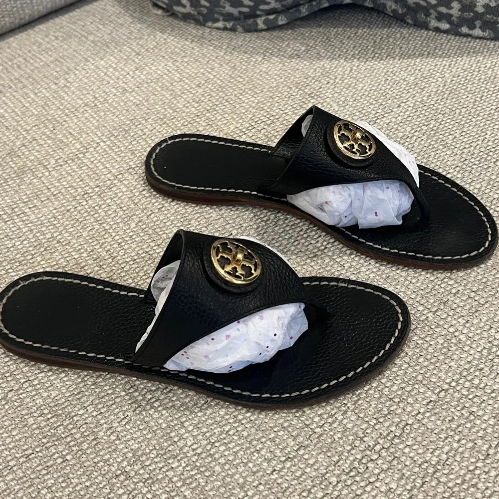 Tory Burch Black Leather Thong Sandals